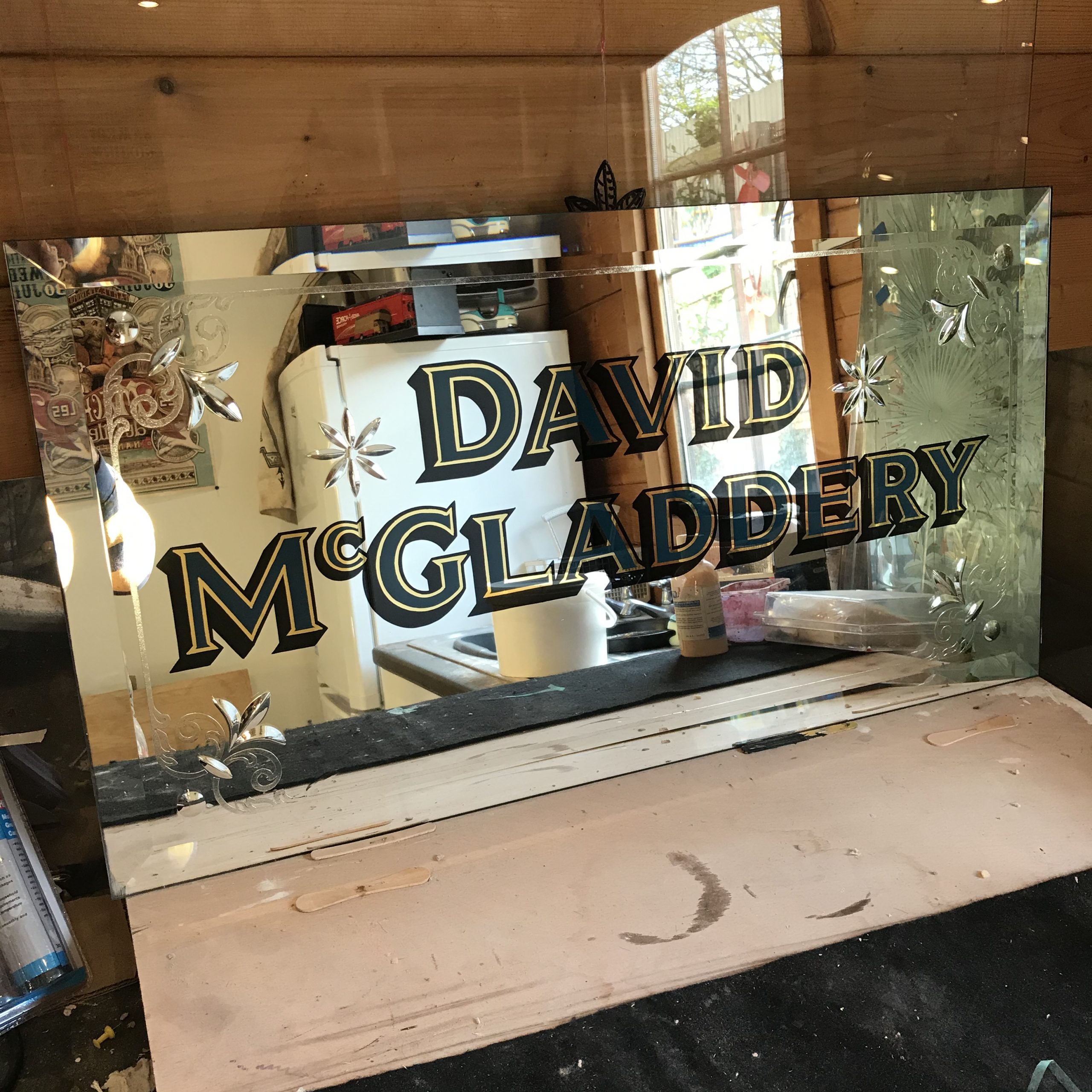 Signwritten cut glass pub mirror
